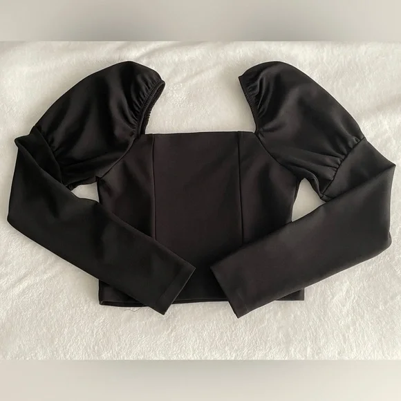 ASOS Design Black Puff Sleeve Long Sleeve Crop Top (Size 0) - Picture 3 of 8
